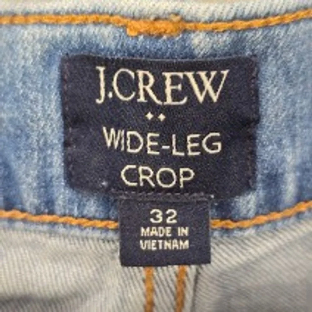 J Crew Wide Leg Crop Jeans 32 (38X26) Blue Light Wash Frayed Raw Hem High Rise